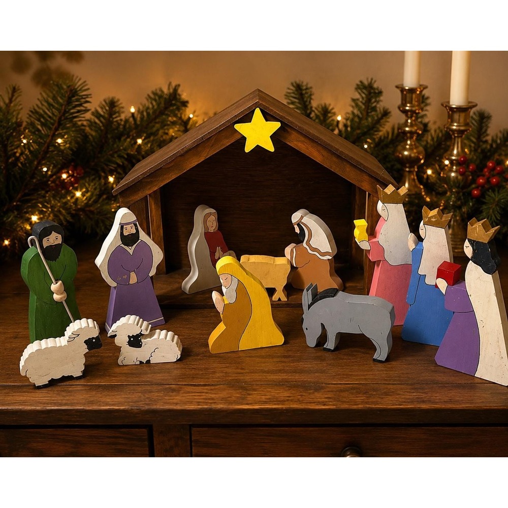 Vintage Hand Painted Wooden Nativity Set Signed Lobo Folk Art Christmas Manger